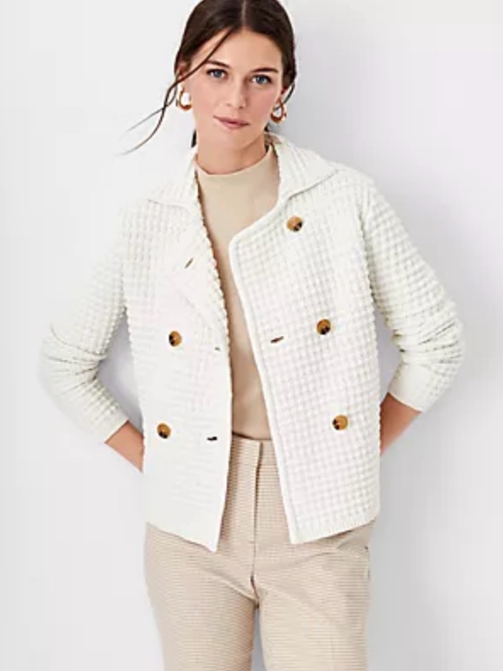Ann Taylor Cream Double-Breasted Waffle Knit Cardigan